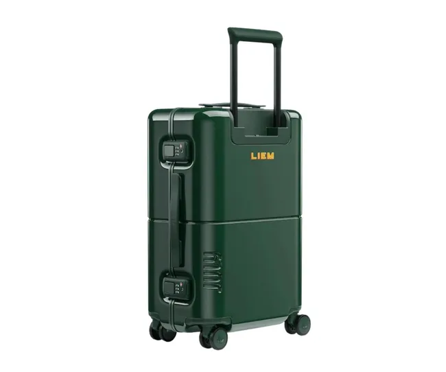 Dark green rolling suitcase with "LIEM" branding, telescopic handle, and four wheels, shown against white background.
