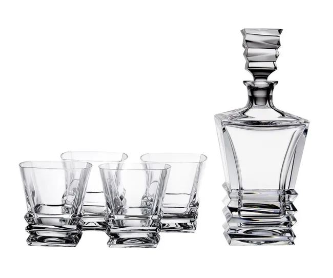 Elegant crystal decanter with stopper and four matching tumblers, featuring a geometric design on a white background.