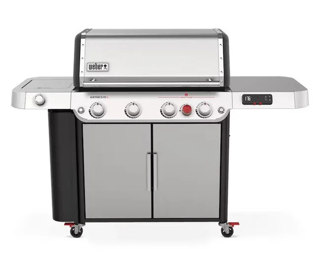 Weber Genesis smart gas grill with four knobs, dual-doored storage, side shelves, and digital temperature display.