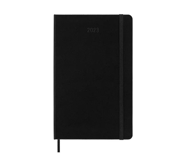 Black 2023 planner with elastic band and ribbon bookmark.