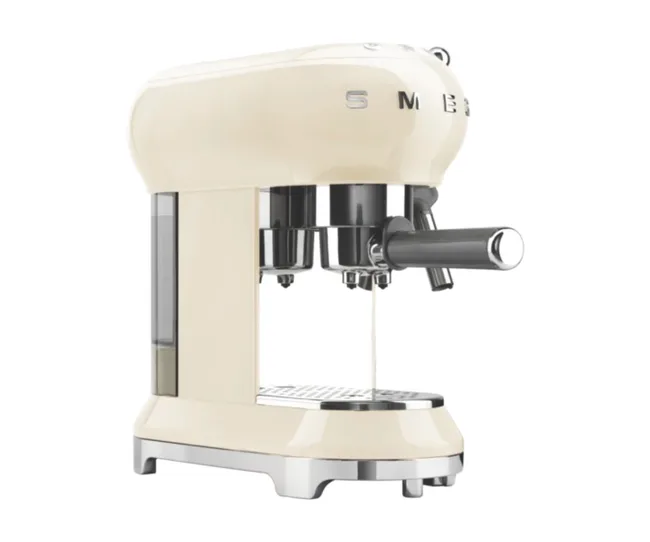 "Smeg cream-colored espresso machine with a portafilter and steel accents."