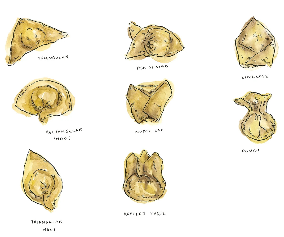 illustration of different dumpling shapes with names written underneath