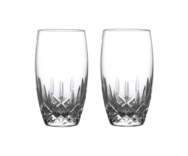 Two elegant crystal drinking glasses with a faceted design, displayed on a plain white background.