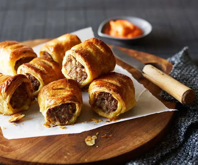 Golden-brown sausage rolls on a wooden board, with a knife and a small bowl of sauce in the background.