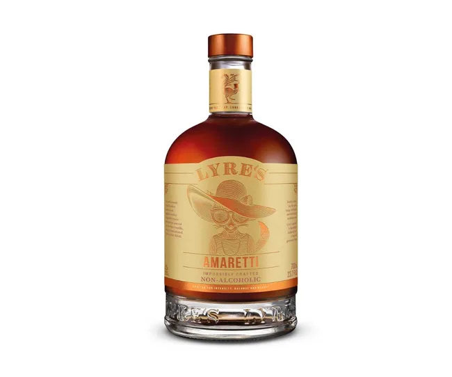 Lyre's Amaretti non-alcoholic spirit bottle with a beige label featuring a stylized bird wearing a hat and glasses.