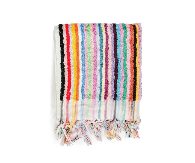 Multicolored striped blanket with fringe, featuring vertical lines in various bright colors.