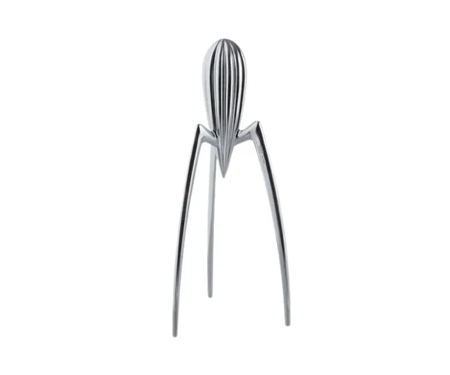 A silver Juicy Salif citrus squeezer with a futuristic tripod design on a white background.