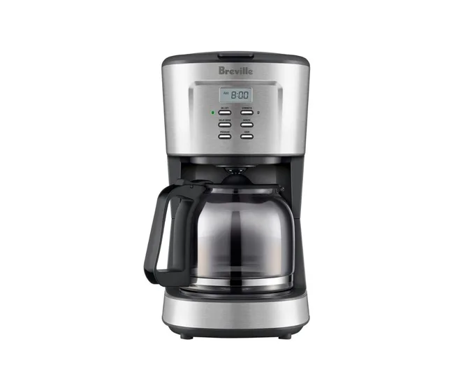 Breville drip coffee maker with digital display, buttons, and glass carafe, suitable for home use.
