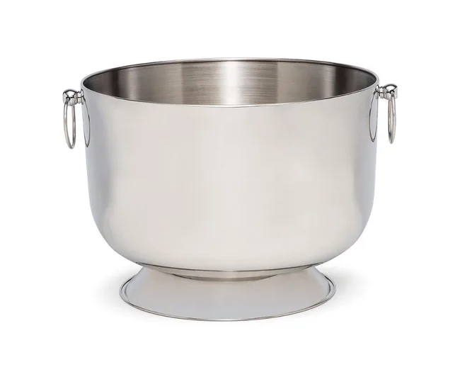 Silver metal ice bucket with two handle rings, on a white background.