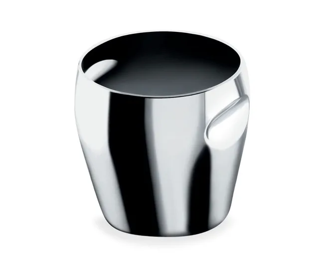A shiny, modern-looking metal ice bucket with a smooth surface and subtle handle indentation.