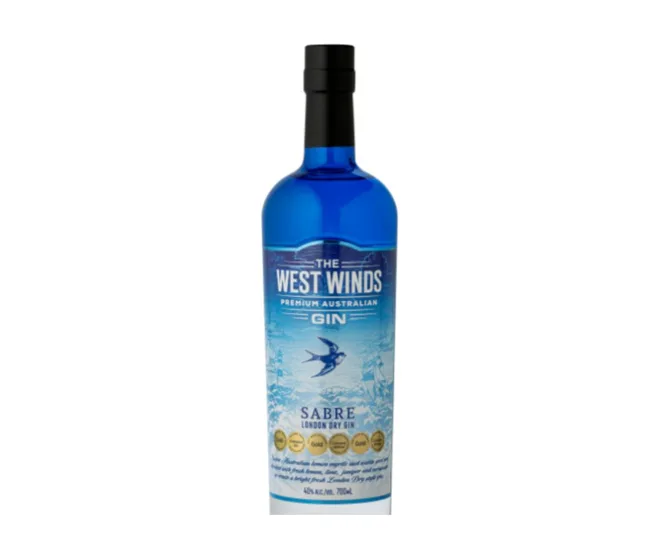 Blue bottle of "The West Winds" premium Australian gin, labeled "Sabre London Dry Gin," with awards at the bottom.
