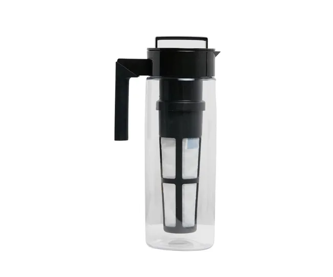 A clear cold brew coffee maker with a black lid and handle, featuring an internal filter.