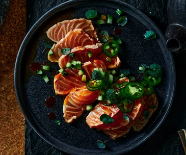 Grilled salmon tataki recipe with lime and jalapeño ponzu