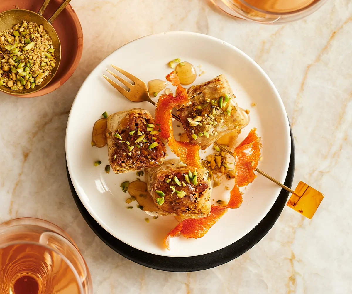 Baklava rolls with pistachio, orange and cardamom