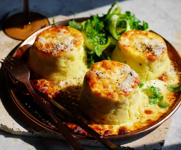 Twice-baked goat’s cheese soufflé recipe with Manchego, and chive