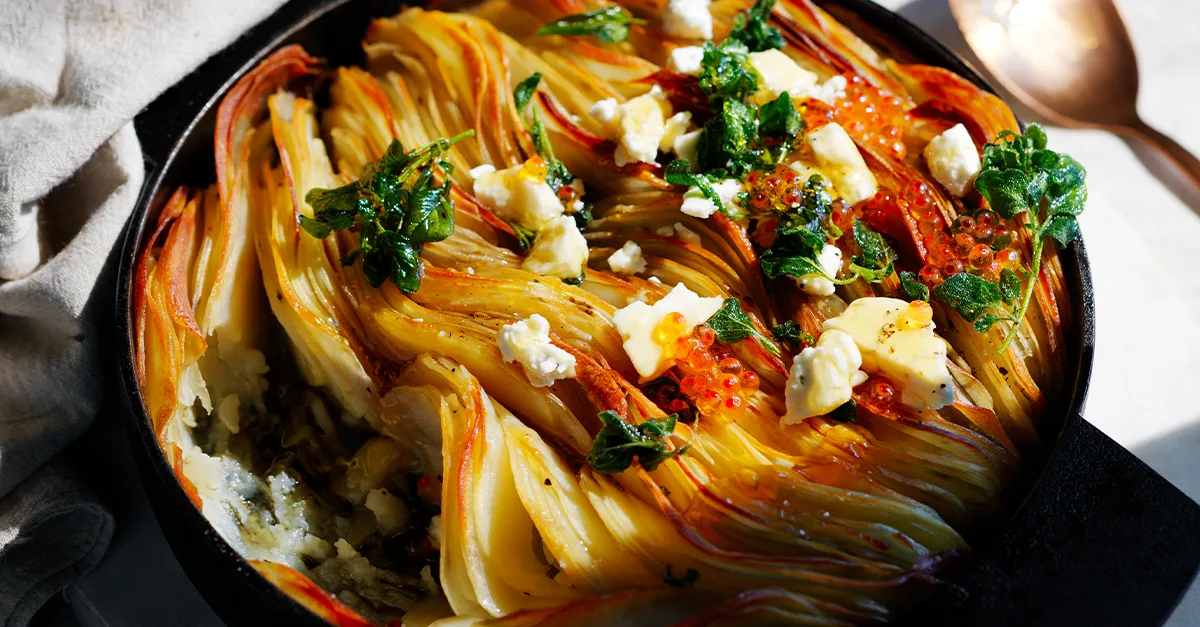 Crisp potato bake recipe with feta | Gourmet Traveller