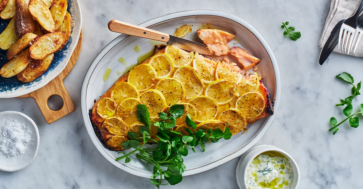 Mustard-Baked Salmon with Potato and Fennel Tzatziki