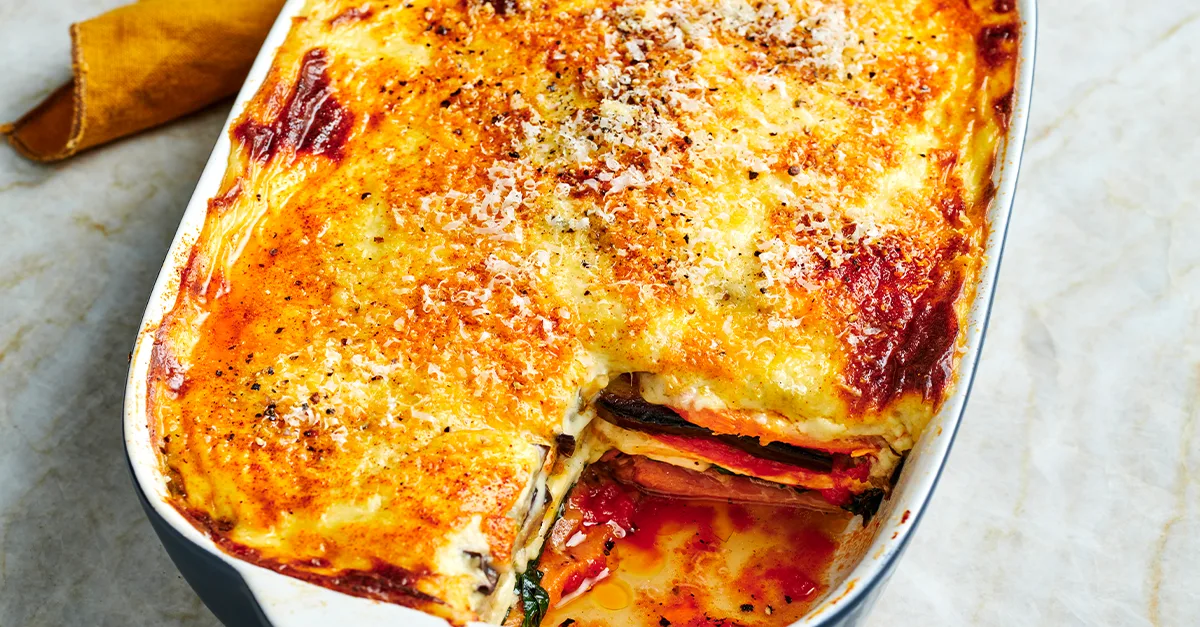 Vegetable moussaka layered with a cheesy golden crust