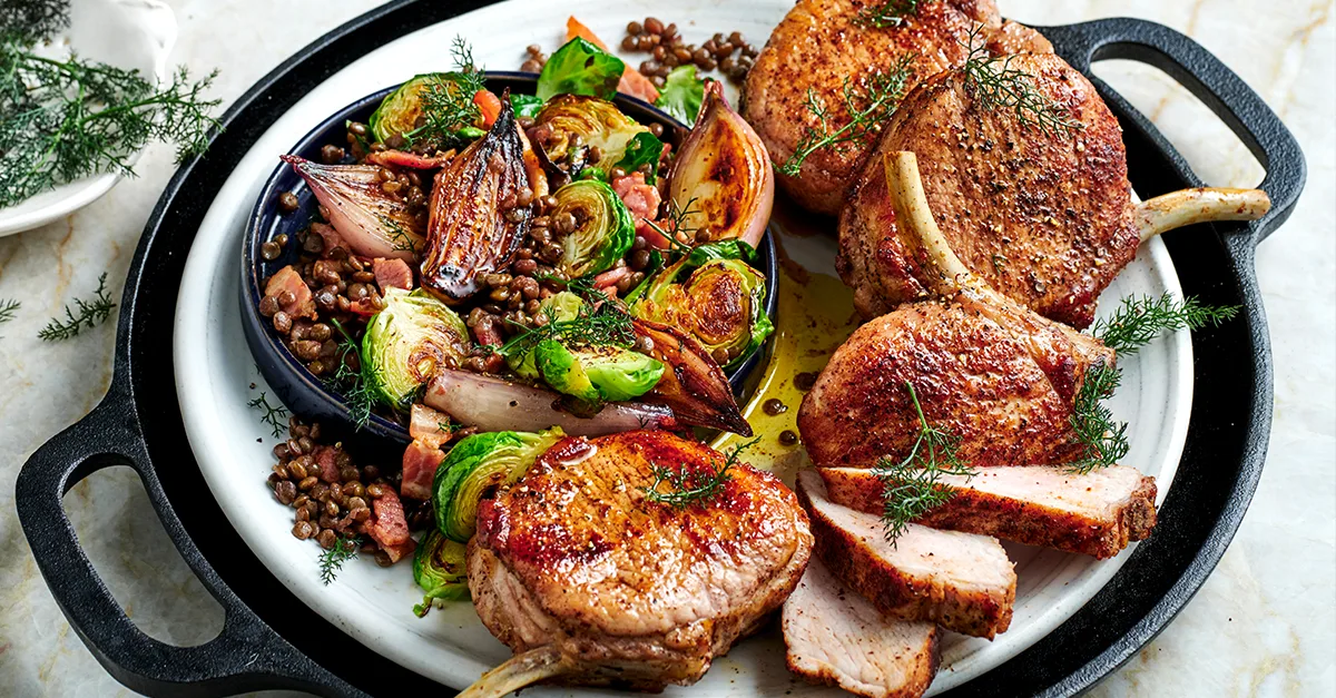 Sumac Pork Cutlets With Brussels Sprouts And Lentils