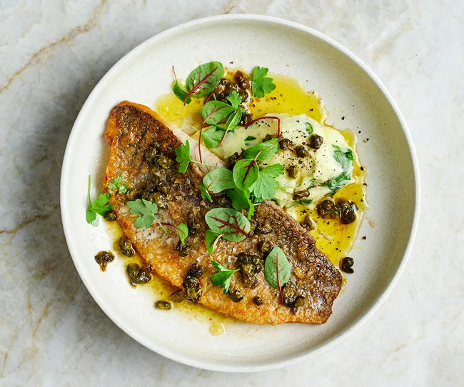 Barramundi recipe with Grenobloise sauce and colcannon