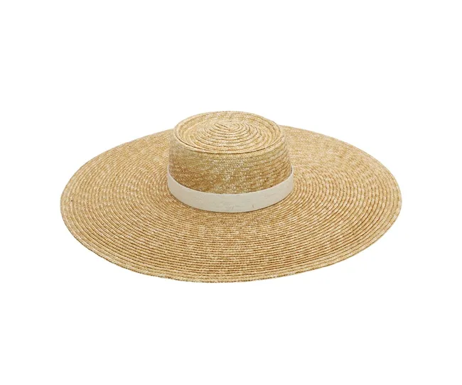 Wide-brimmed straw hat with white band.