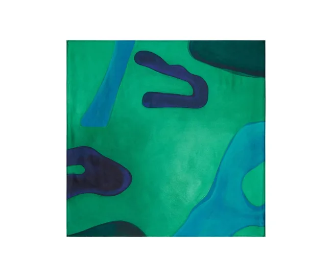 Abstract artwork with green background and blue organic shapes.