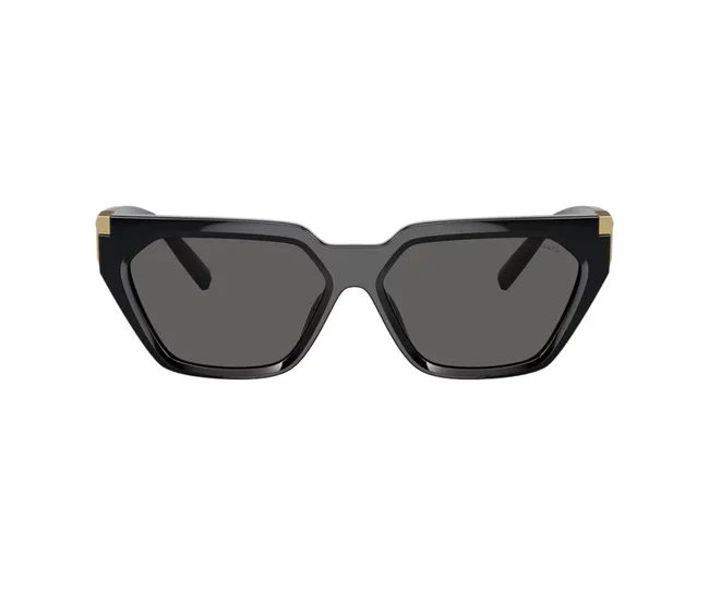 Black angular sunglasses with dark lenses and gold accents on the corners.