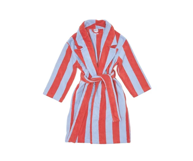 Red and blue striped bathrobe with a belt, displayed on a white background.