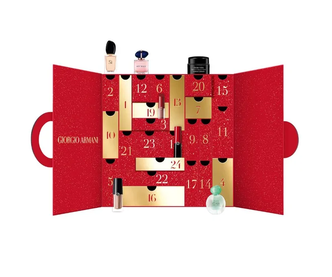 Giorgio Armani advent calendar with perfumes and beauty products in a red and gold box.