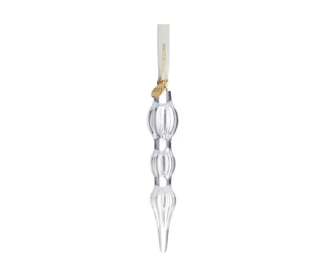 Waterford crystal icicle ornament with gold tag and ribbon, etched with "2023".