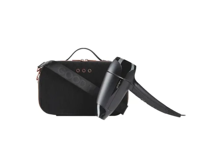 Black hairdryer with a sleek design, placed in front of a matching black carrying case with a handle.