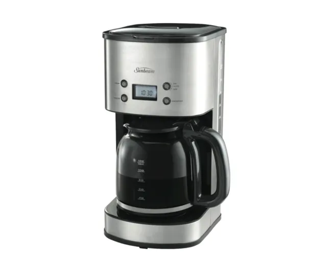 Coffee maker with black carafe and digital display showing 10:30, branded "Sunbeam," with stainless steel finish.