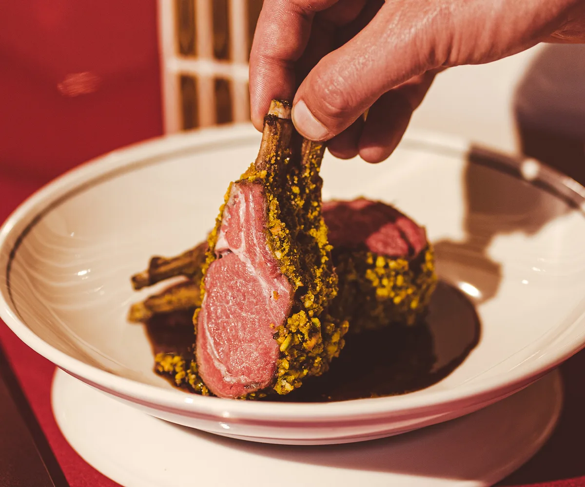 A piece of pistachio-crusted lamb rack with agrodolce jus from Threecoins and Sons in Perth