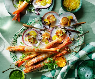 Seafood platter recipe with barbecued prawns and seared scla