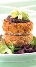 Pumpkin, kumara and walnut patties with feta and avocado