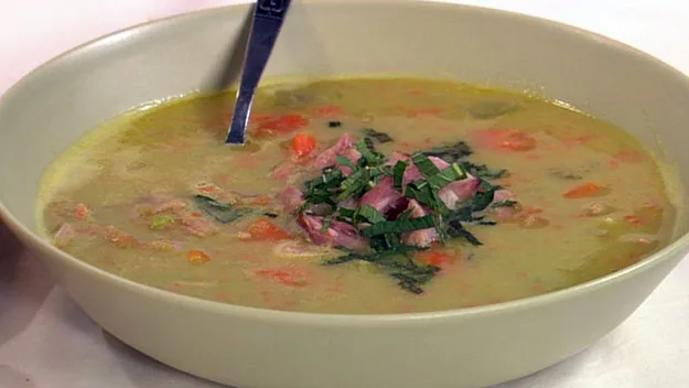Minted broad bean and ham soup