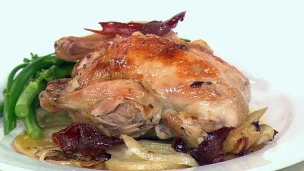 Roasted garlic & sage spatchcock with potato & proscuitto
