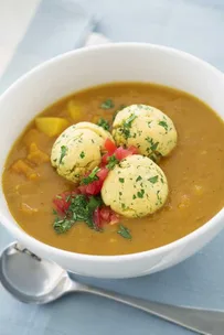 Pumpkin soup with cornmeal cheesy balls