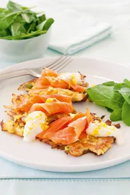 Smoked salmon on potato fritters