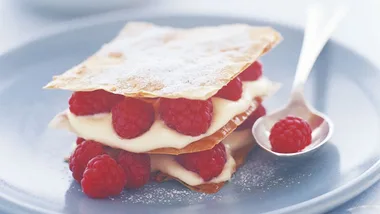 Mille feuille with almonds and raspberries