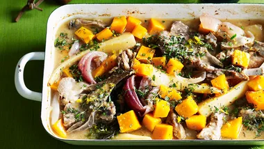Lemon-scented lamb casserole with winter vegetables