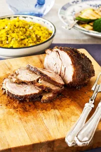 Indian spiced lamb roast served with lemon pilaf rice