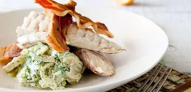 Smoked tarakihi with crispy bacon and minted warm new potato and fennel salad