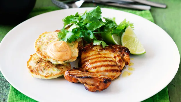 Grilled chicken and corn fritters