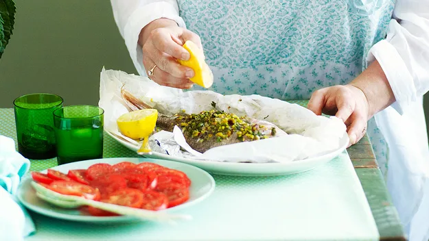 Barbecued snapper with pistachio pesto