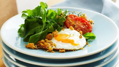 Fried eggs with garlic herb crumbs