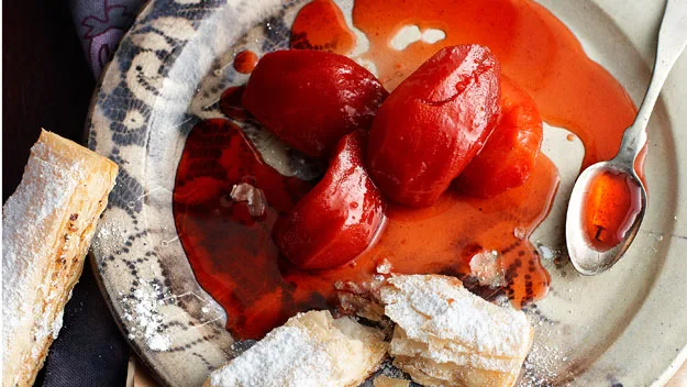 Slow-poached quince with filo fingers