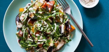 Roast pumpkin and aubergine salad with tahini yoghurt dressing