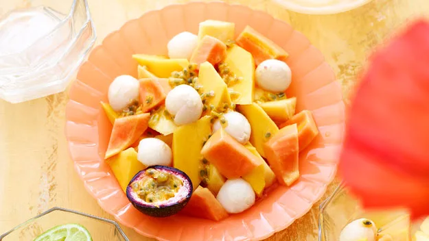 Tropical fruit with rosewater syrup