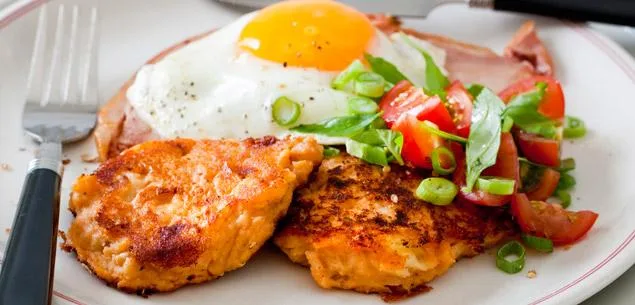 Cheesy Baked Bean Fritters with Ham & Eggs